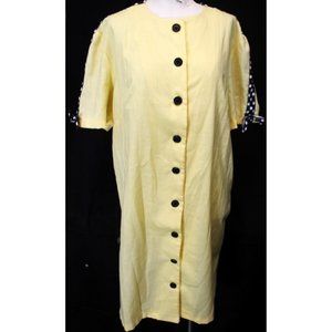 VTG 80s Handmade Yellow Dress Mid Length Button Down Polka Dot Ribbon Trim Bow
